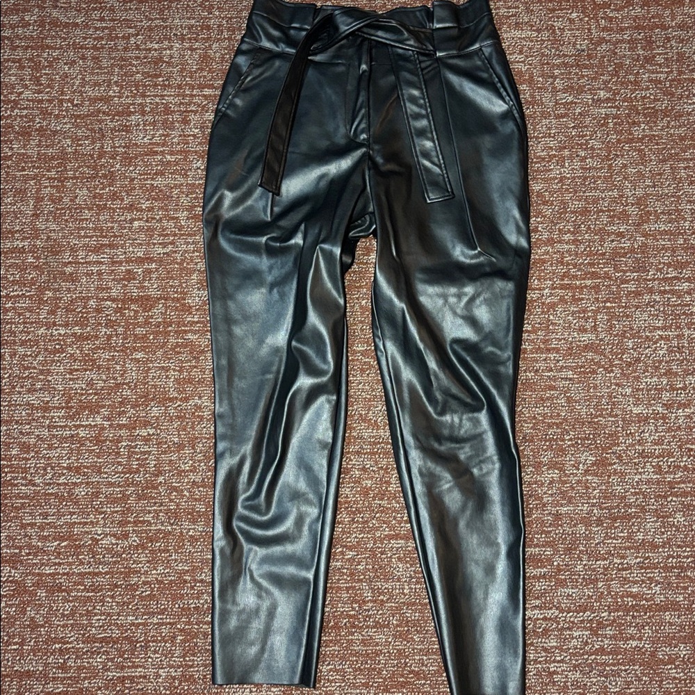 DKNY faux leather pleated black high waisted crop trousers relaxed tapered leg 0